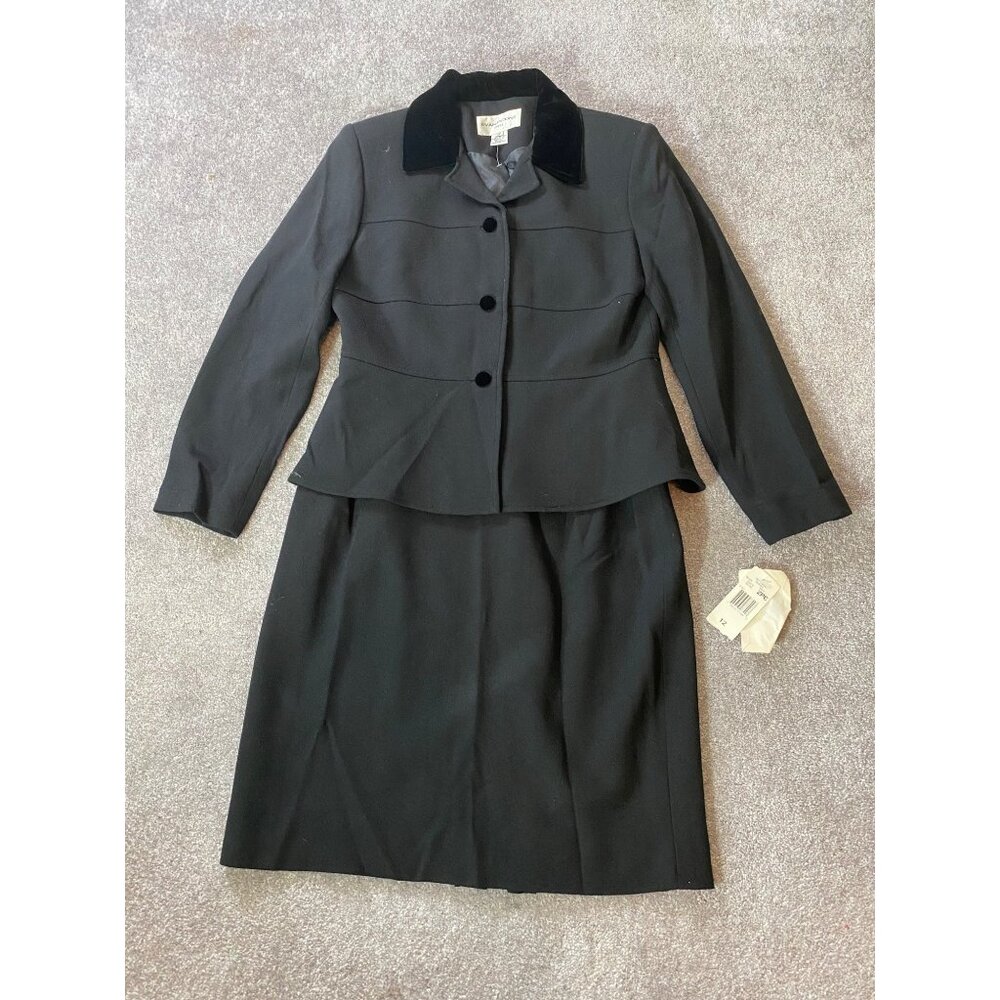 NWT Evan Picone Black Skirt Suit Velvet Collar Button Detail Size 12